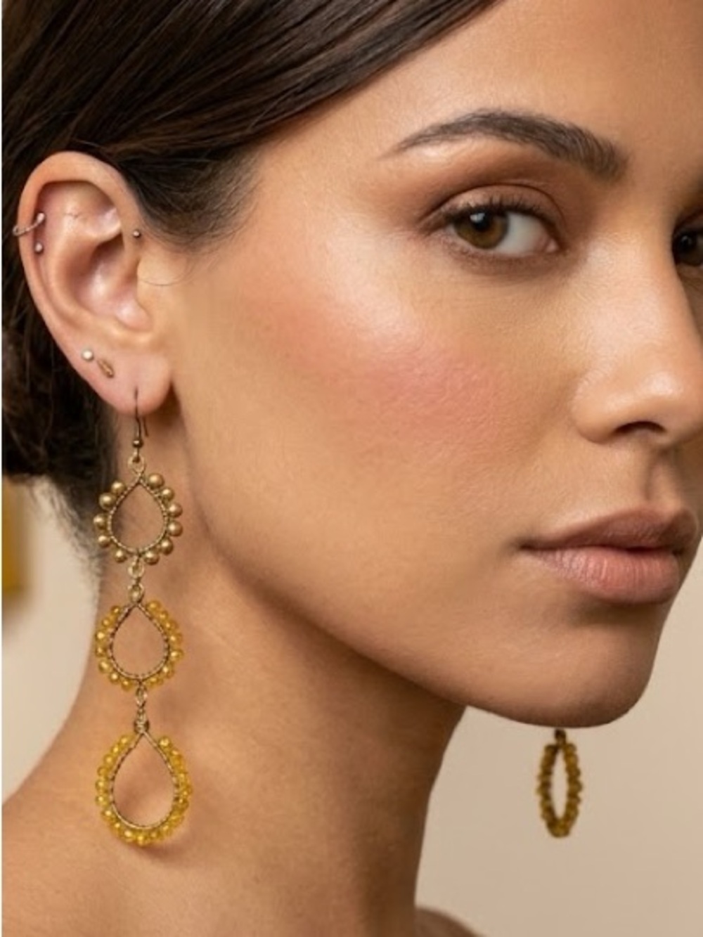 Vintage Beaded Yellow & Gold Tone Long Chandelier Earrings